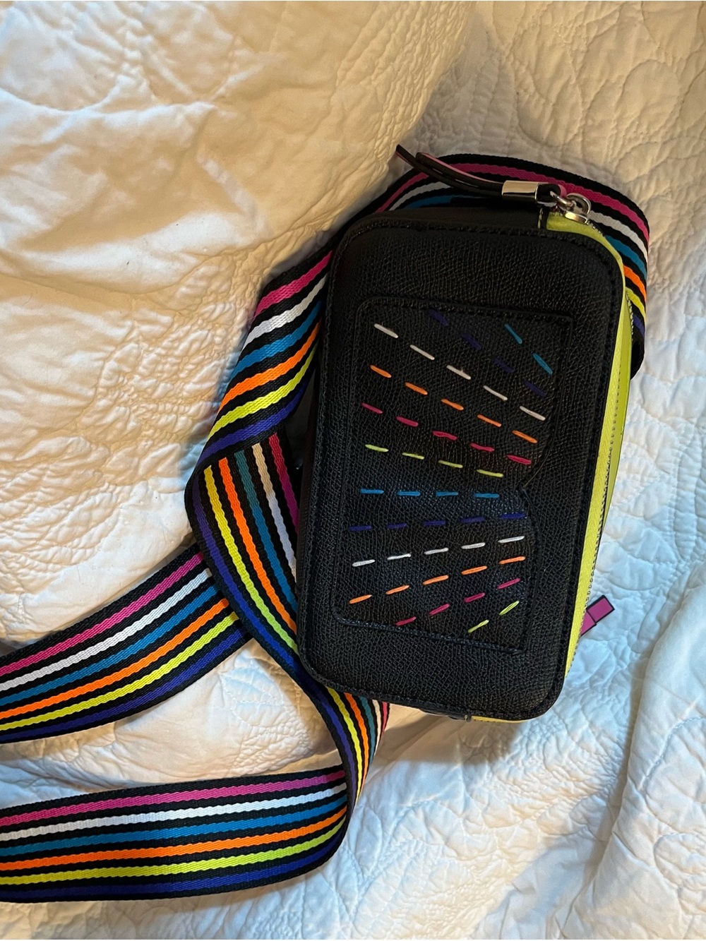 Black Crossbody camera shaped  Bag with Rainbow Stitching and Striped Strap. NWT